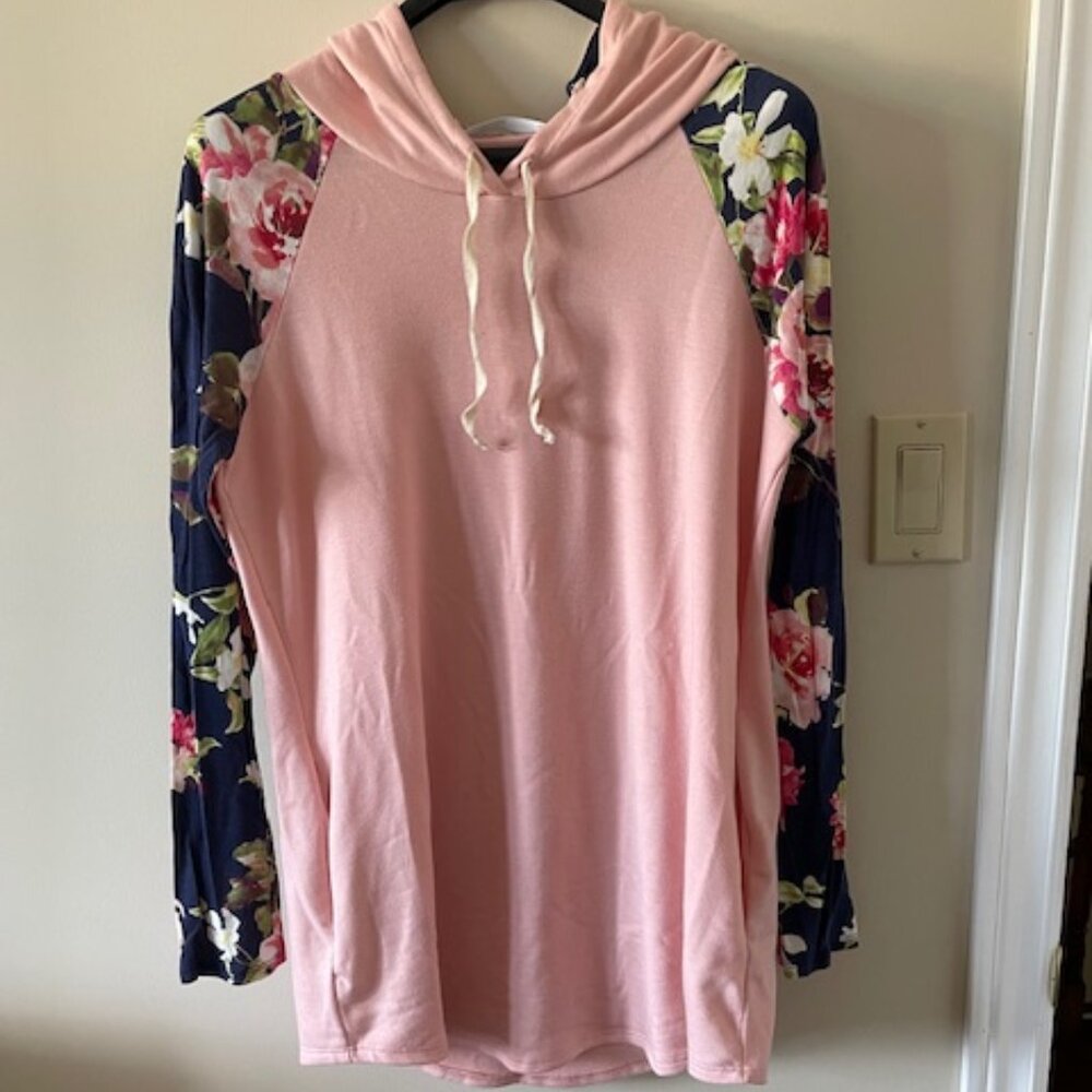 Chris and Carol Light Coral /Navy Blue Floral Sleeves Hoodie Size M